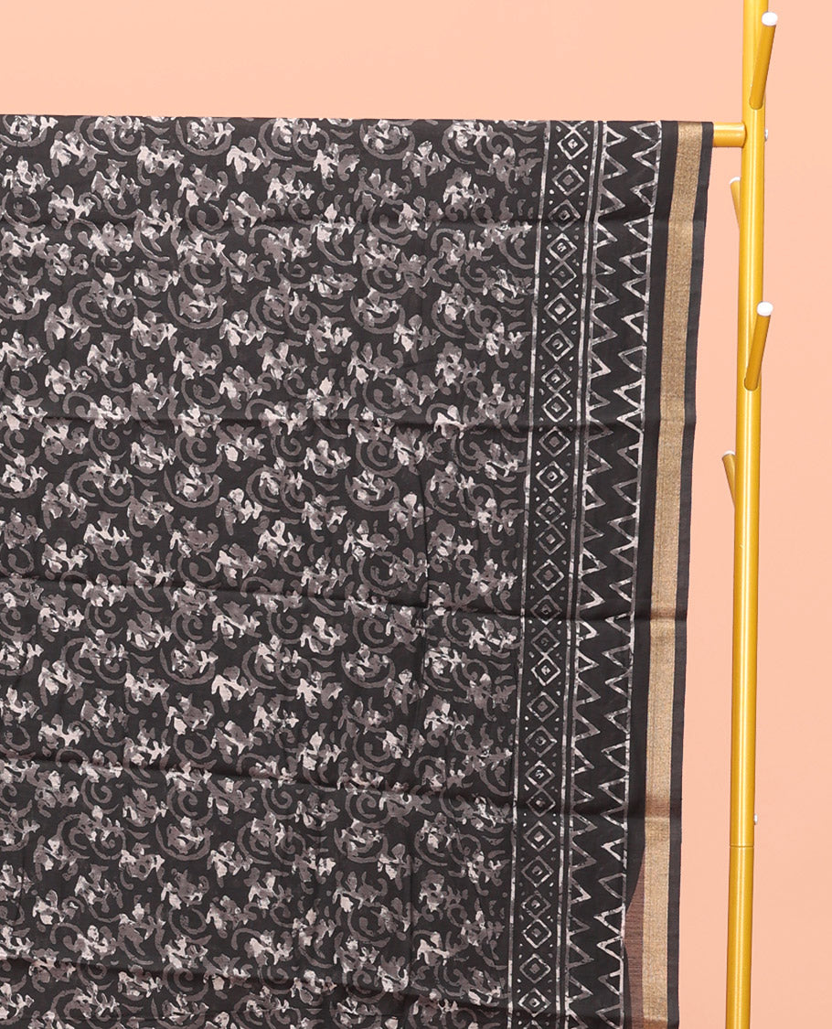 Black Kanchi Cotton Saree, Decked Up with Floral Print All Over Its Body, a Subtle Self-Border, Pallu of Block Printed Geometric Designs, and Paired with a Contrast Blouse