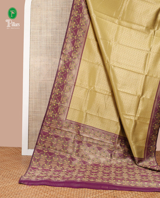 Mustard copper zari weaving litchi silk saree with contrast meena butta border & meena style design pallu along with contrast blouse