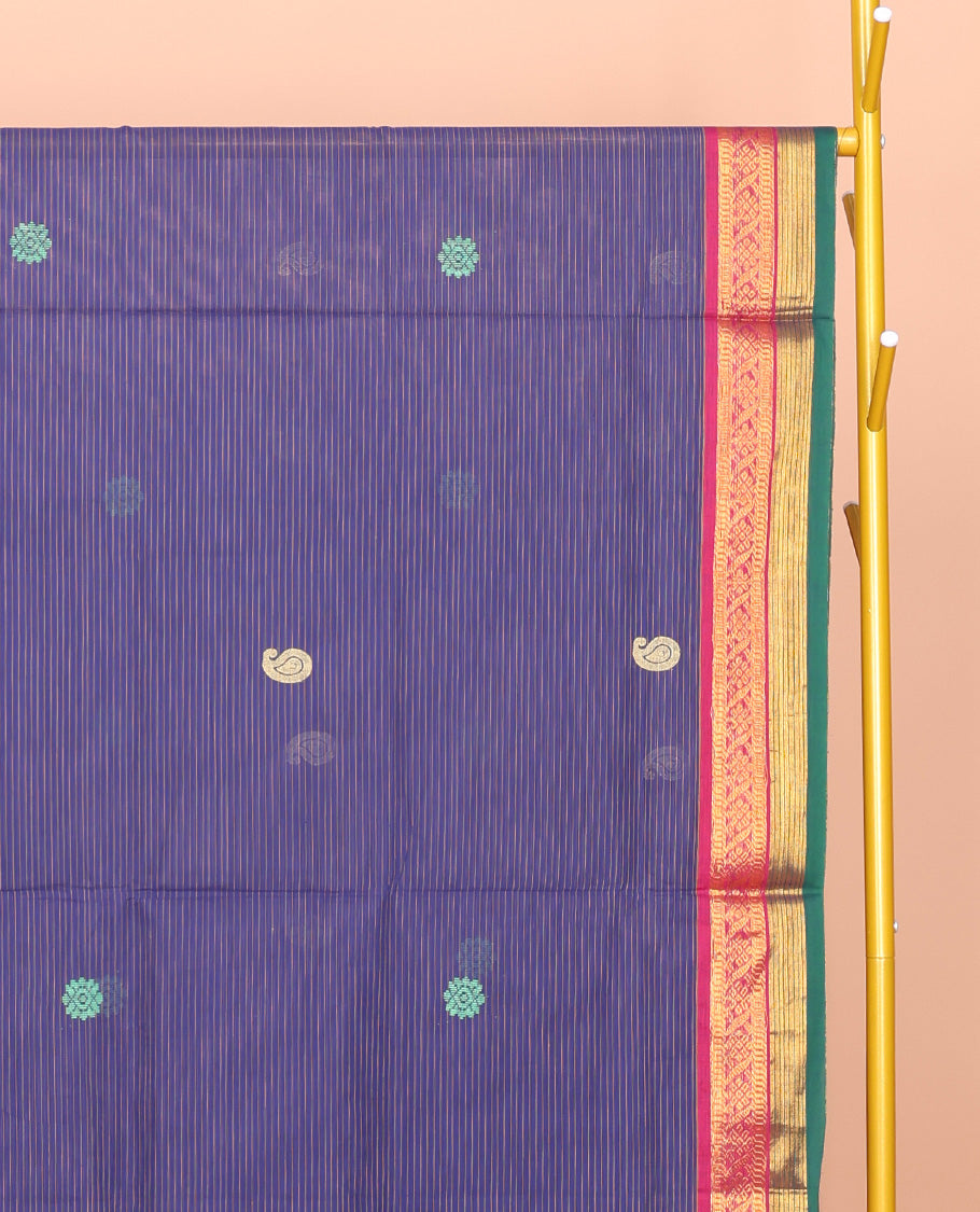 Blue Venkatagiri Cotton Saree, Beautified with Buttas and Stripes, a Contrast Traditional Zari Border, Pallu of Buttas and Stripes, and No Blouse