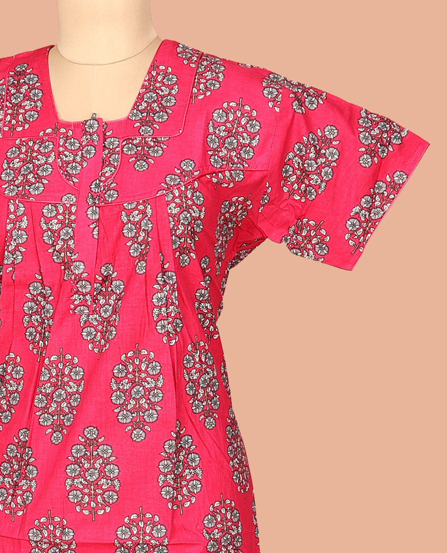 Pink Lace Work Cotton-Blended Nighty