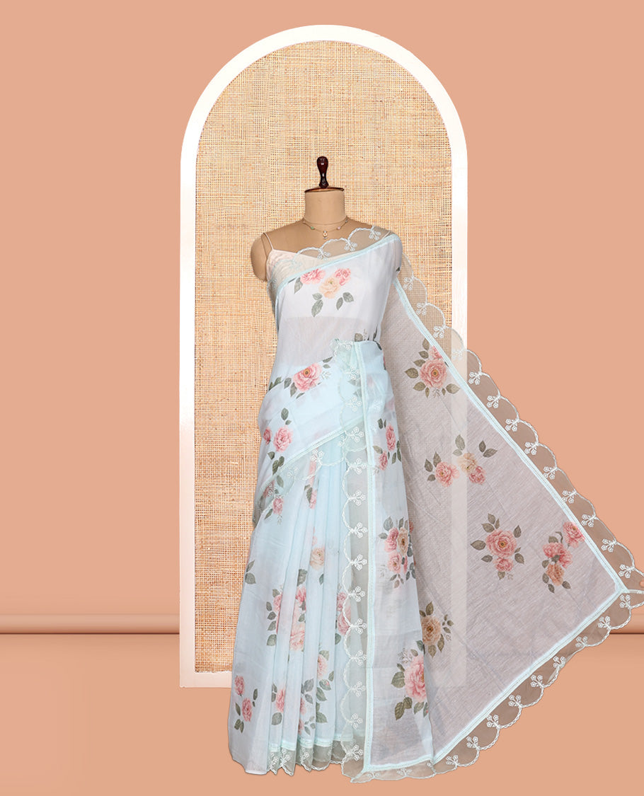 Sky Blue Floral Motifs Chanderi Cotton Saree