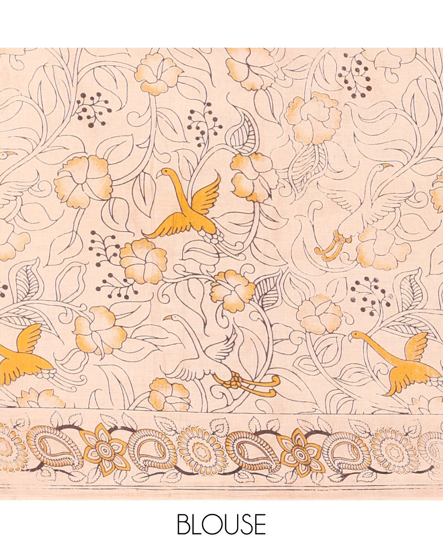 Brown Kalamkari Cotton Saree, Dazzled with Floral Vine Print, Contrast Paisley Printed Border, Contrast Pallu of Fauna Motifs, and a Contrast Blouse