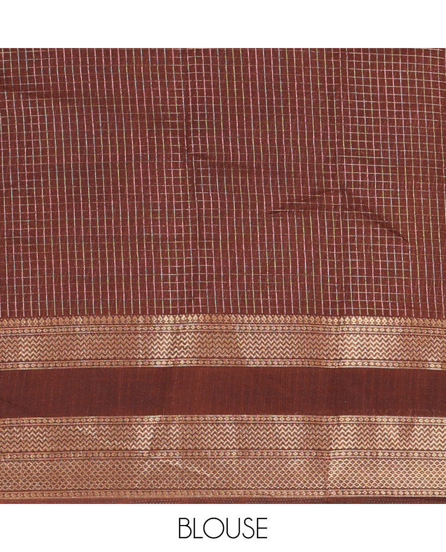 Rust orange checked moss chiffon saree with contrast traditional zari design border, checked pallu, and a contrast zari design blouse
