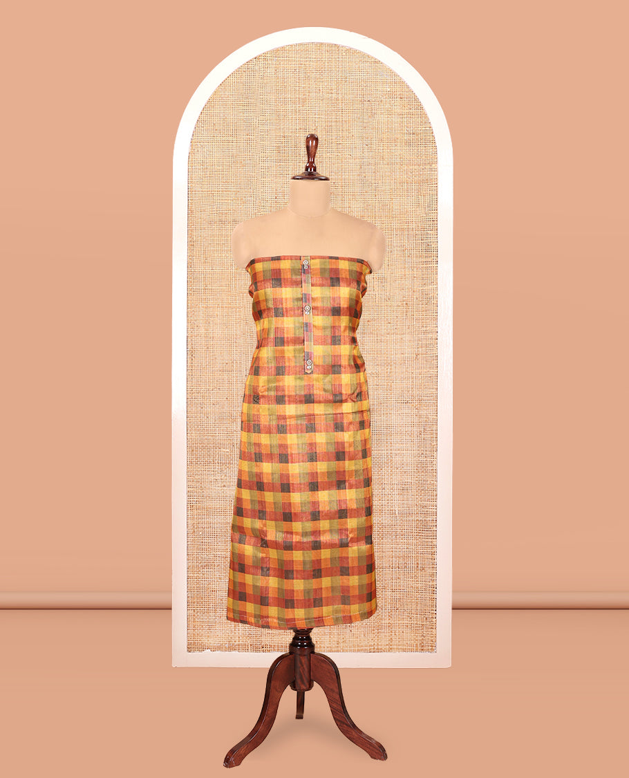 Multi-Color Shimmer Tissue Material Churidar, Enriched with Madras Checks Neckwork Top, a Contrast Bottom, Sequins Striped Dupatta