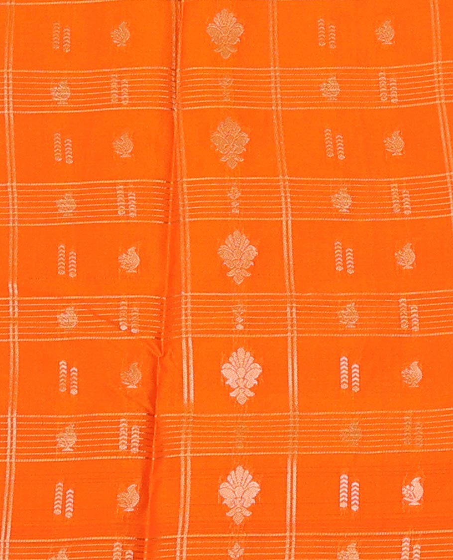 Orange  Art Silk Pavadai Material Set, Spotlighted with Zari Butta Enclosed Checks Skirt, Complemented by a Contrast Traditional Zari Design Border, and Paired with a Contrast Blouse