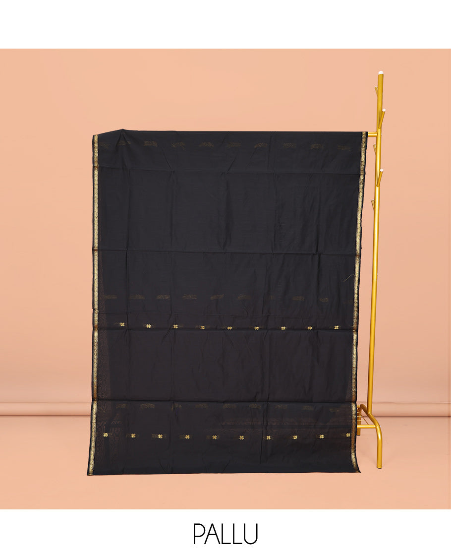 Black Maheshwari Cotton Saree, Embellished with Buttas All Over Its Body, Subtle Zari Piping Border, Complemented by a Contrast Pallu Steeped with Buttas, and Paired with a Contrast Blouse