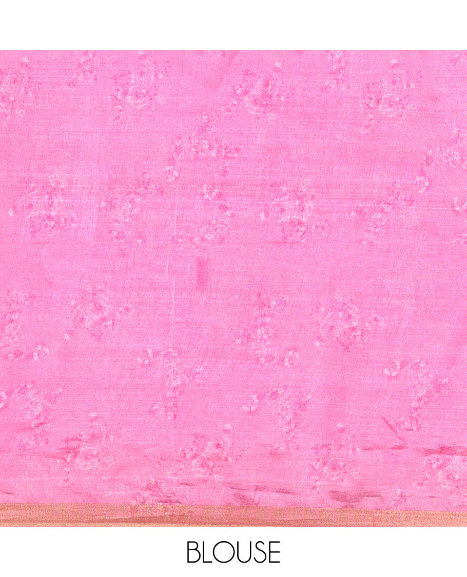 Biscuit colorful rose floral motifs digital printed banana pith saree, piping border, striped pallu, and floral printed blouse