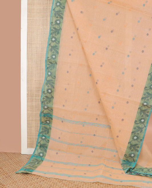 Beige floral motifs bengal cotton saree with contrast floral design border & striped, motifs pallu