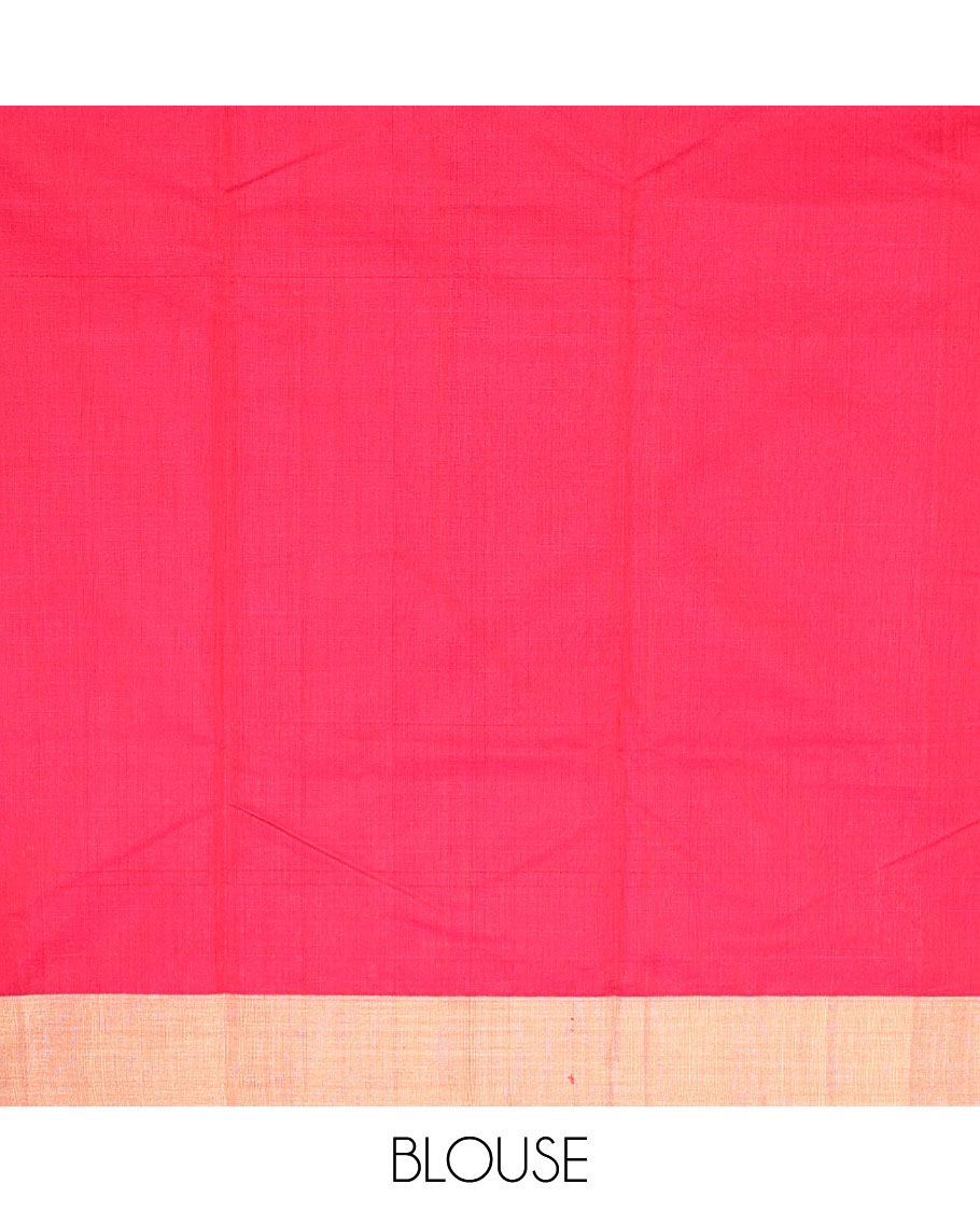 Red leaf motifs chanderi cotton saree with contrast zari border & striped pallu