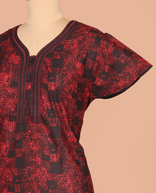 Red Cotton Nighty Delicately Printed with Floral-Geometric, Featuring Lace Work, Unique Front Neck, and Half  Sleeves