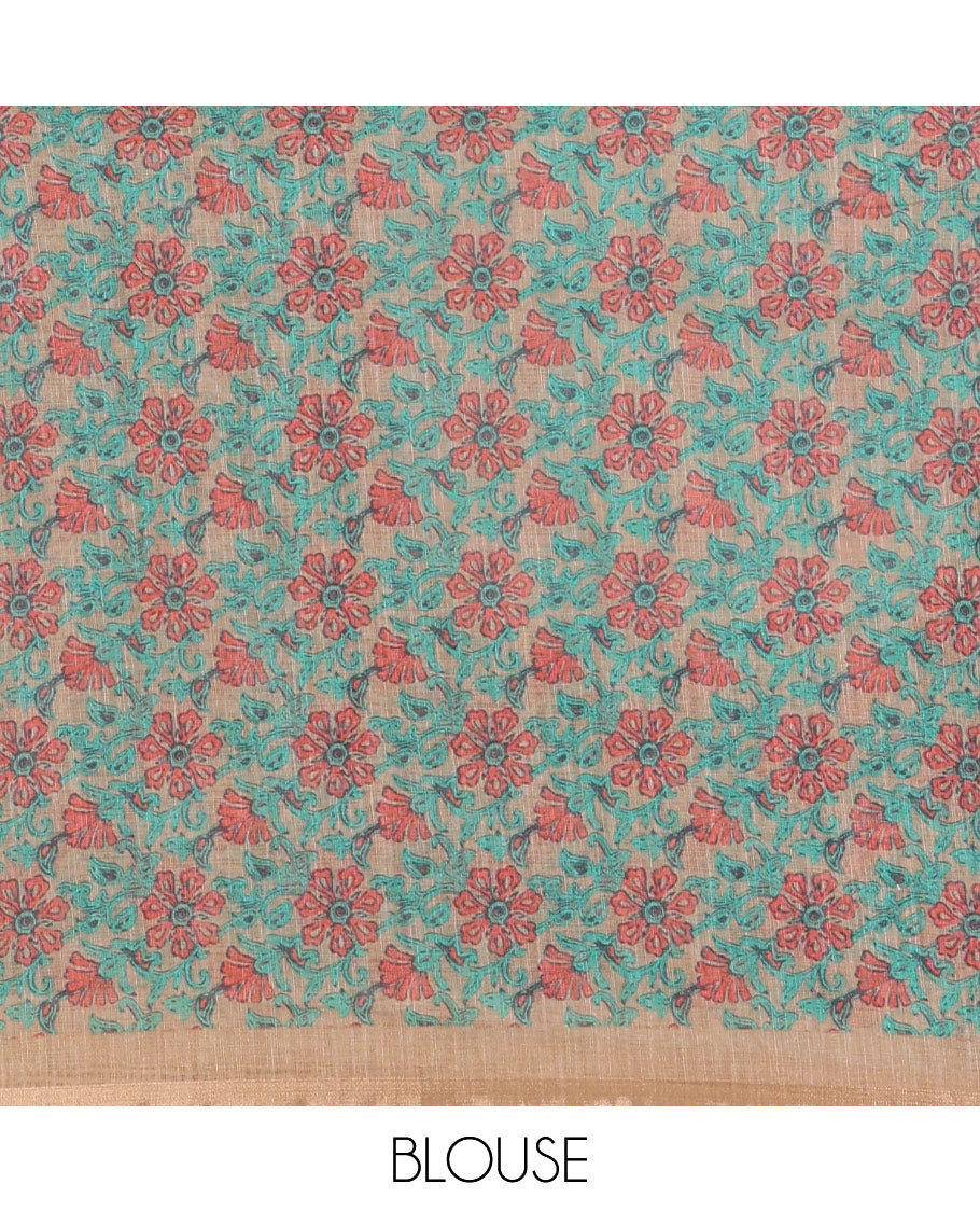 Chikku Linen Cotton Saree, Adorned with Shibori Prints on Its Body, Subtle Contrast Piping Border, Pallu of Floral Print, and Paired with a Matching Blouse