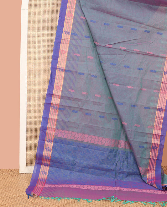 Blue Kanchi Cotton Saree, Prettified with Thread Buttas All Over Its Body, Complemented by a Contrast Border of Zari Designs, Pallu Depicts Geometric Designs, and Paired with a Matching Blouse
