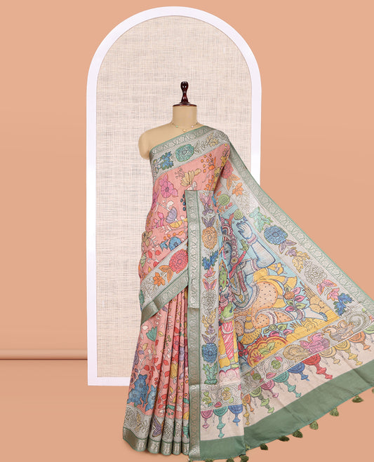 Pink Kalamkari Printed Fancy Tussar Saree