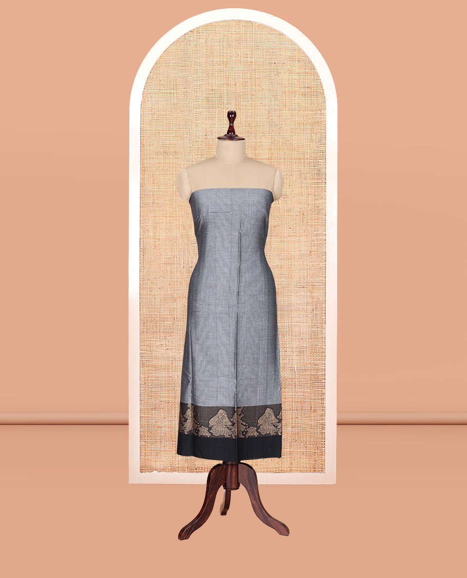 Grey Mercerised Cotton Material Churidar Features Plain Top, Contrast Thread Wedding-Themed Motif Border, Matching Bottom and Dupatta