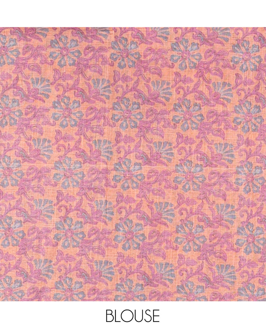 Grey Linen Cotton Saree, Detailed with Shibori Printed on Its Body, Subtle Piping Border, Pallu Features Floral Print, and Paired with a Contrast Floral Printed Blouse