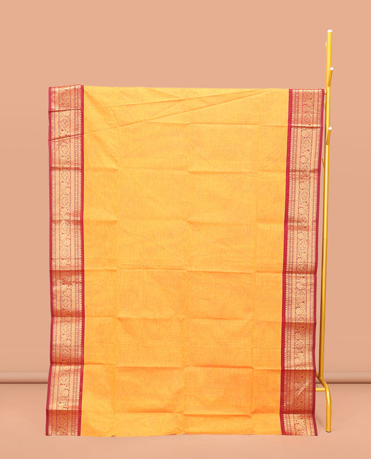 Orange Plain Chettinad Cotton Saree, Complemented by a Contrast Traditional Zari Design Woven Border, Subtle Pallu of Stripes, and Paired with a Matching Blouse