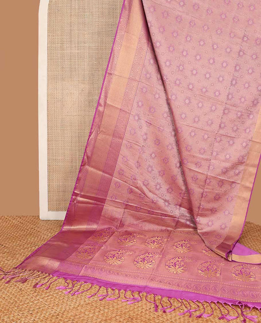 Baby pink floral design soft silk saree with contrast floral design border & floral design pallu