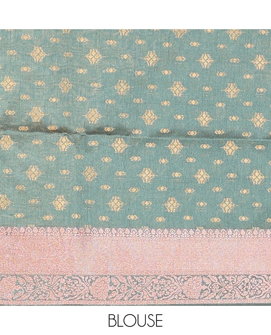 Green chevron striped dupion saree, intricate floral design border, and colorful thread striped pallu