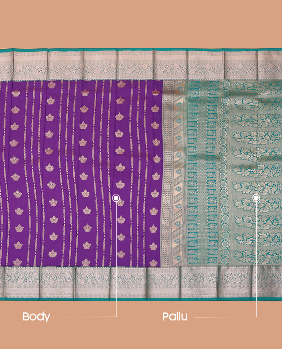 Purple Budget Silk Saree, Decorated with Zari Buttas, Complemented by Contrast Traditional Zari Border, an Intricate Pallu and a Contrast Blouse