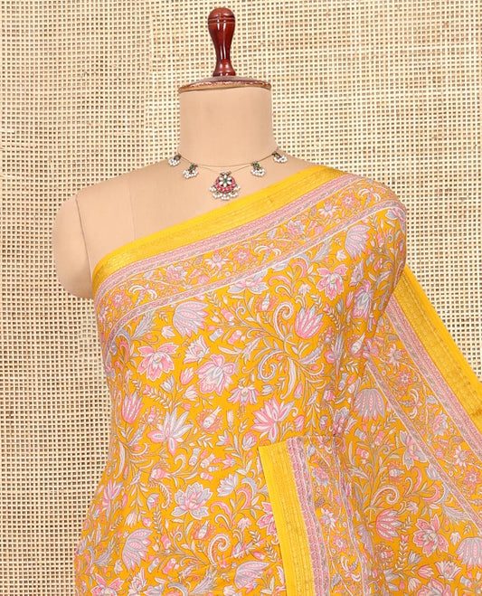 Yellow Floral-Vine Printed Silk Saree, a Traditional Zari Border, Floral Pallu, a Matching Blouse