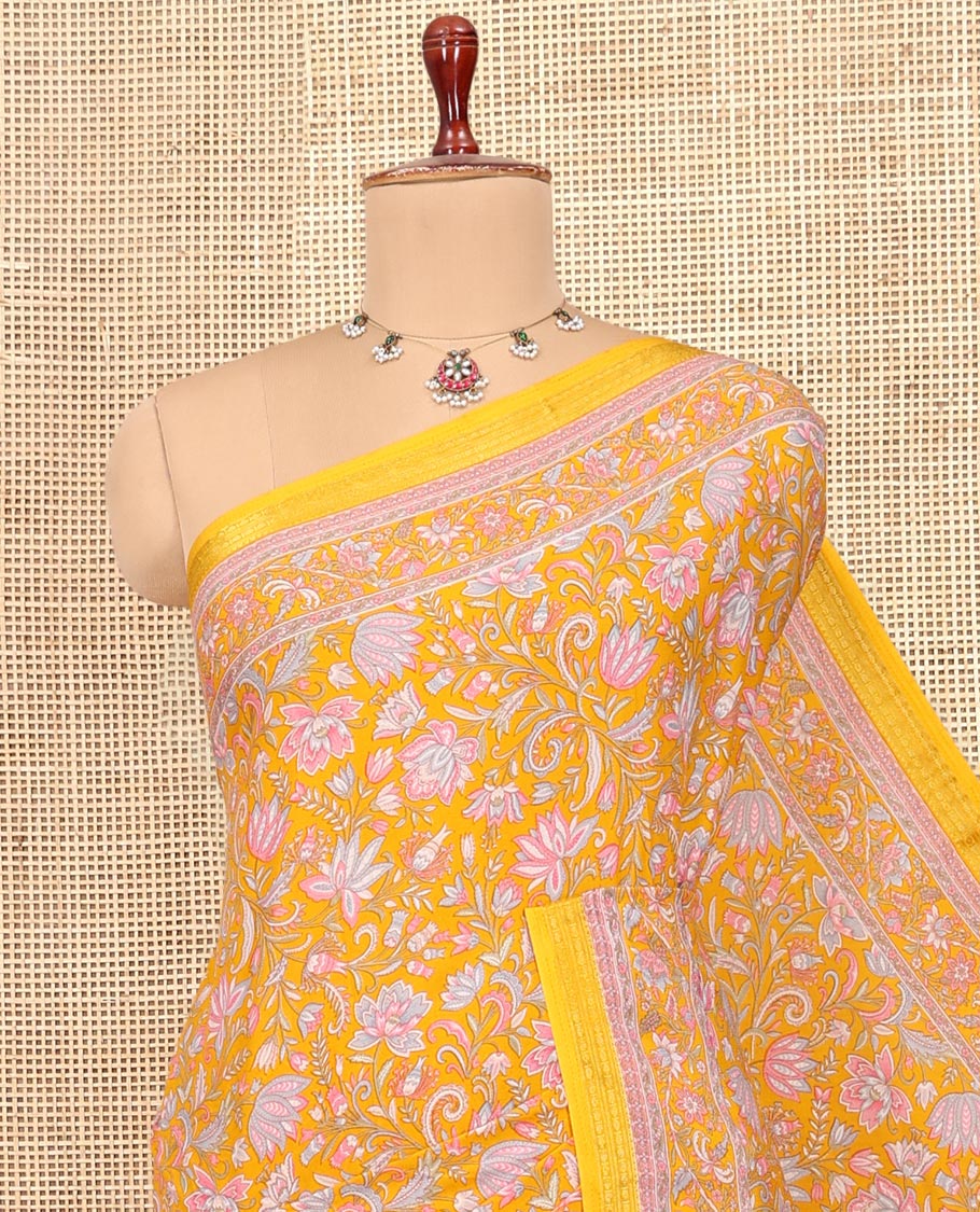 Yellow Floral-Vine Printed Silk Saree, a Traditional Zari Border, Floral Pallu, a Matching Blouse