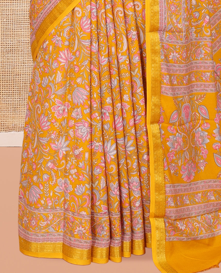 Yellow Floral-Vine Printed Silk Saree, a Traditional Zari Border, Floral Pallu, a Matching Blouse