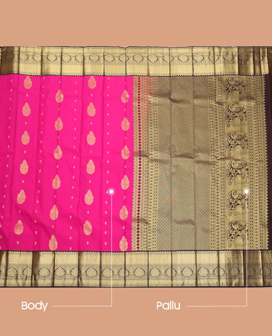 Pink Budget Silk Saree, Richly Detailed with Zari Buttas, Complemented by a Contrast Traditional Zari Border, Grand Pallu, and a Contrast Blouse
