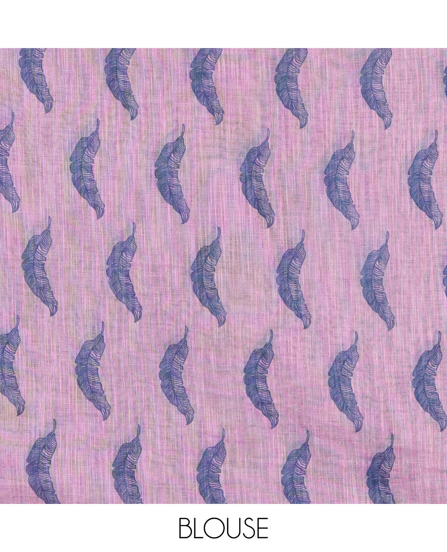 Indigo big feather motifs printed linen cotton saree, piping border, feather motifs printed pallu, and a contrast feather motifs printed blouse