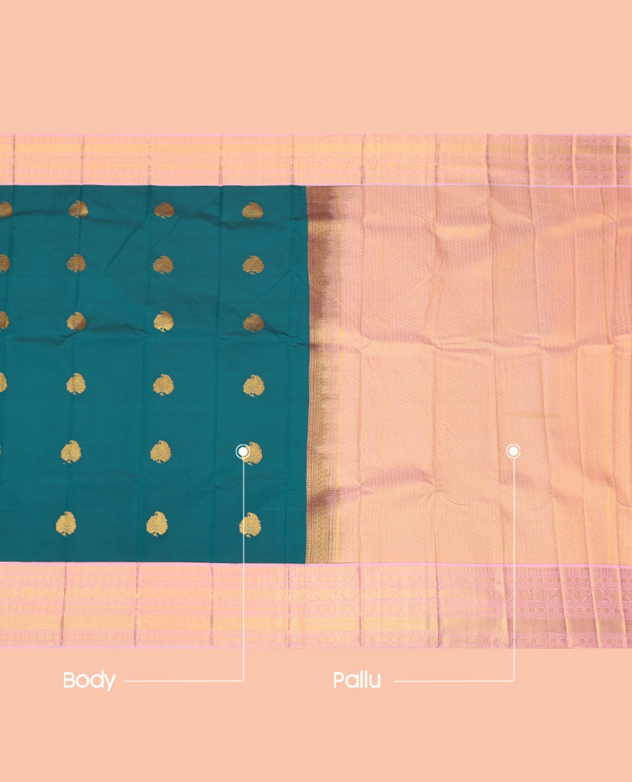 Blue Budget Silk Saree, Graced with Zari Buttas, Complemented by a Contrast Traditional Zari Border, Grand Jaal Pallu, and a Contrast Blouse