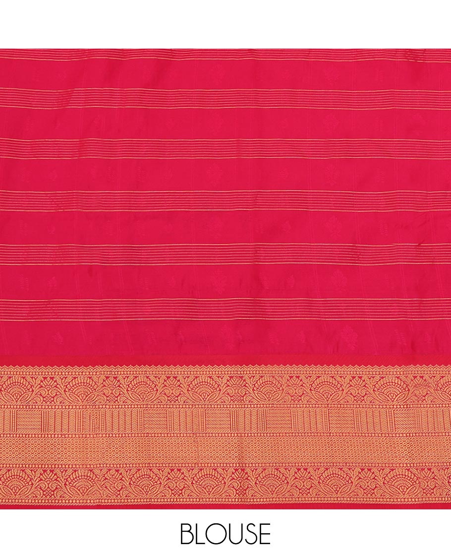 Orange  Art Silk Pavadai Material Set, Spotlighted with Zari Butta Enclosed Checks Skirt, Complemented by a Contrast Traditional Zari Design Border, and Paired with a Contrast Blouse