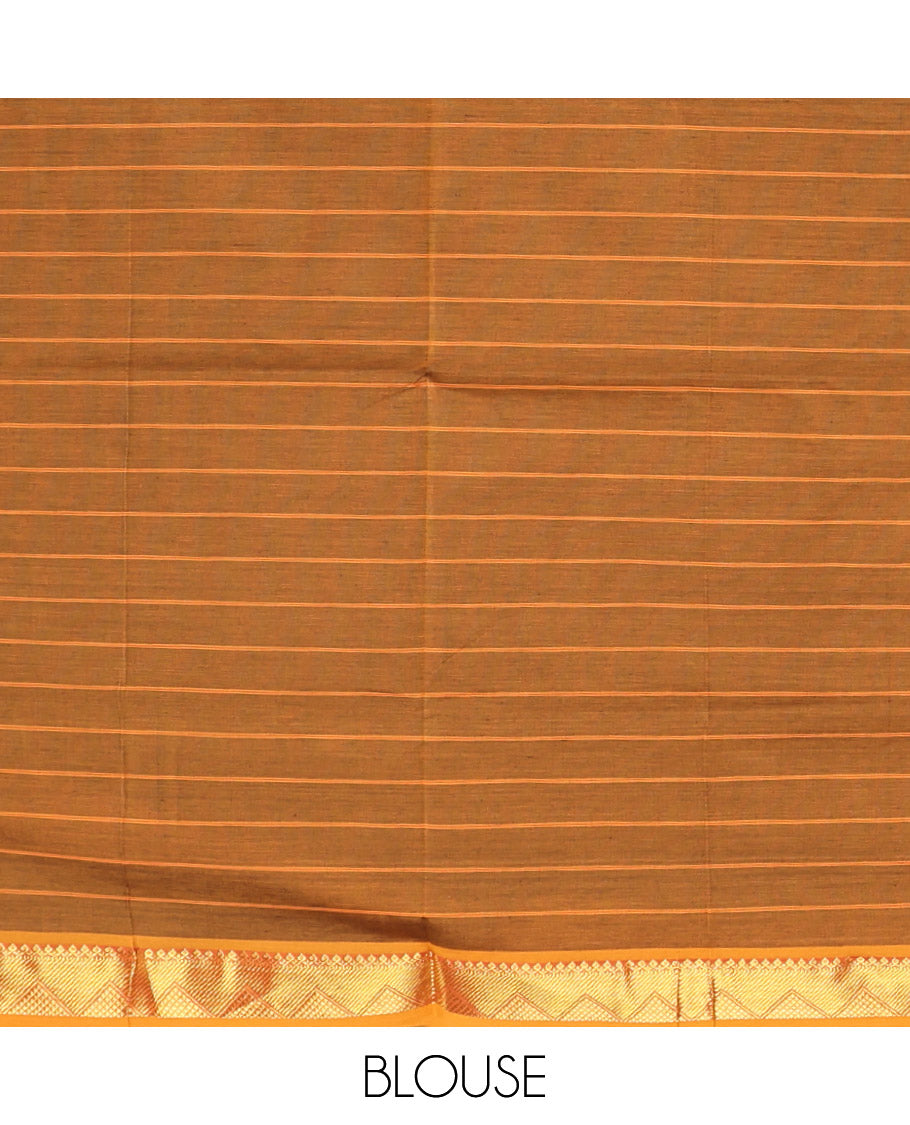 Green Checked Poly Cotton Saree, Complemented by a Contrast Traditional Zari Border, Contrast Striped Pallu, and Paired with a Contrast Blouse