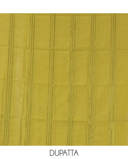 Multi-Color Shimmer Tissue Material Churidar, Enriched with Madras Checks Neckwork Top, a Contrast Bottom, Sequins Striped Dupatta