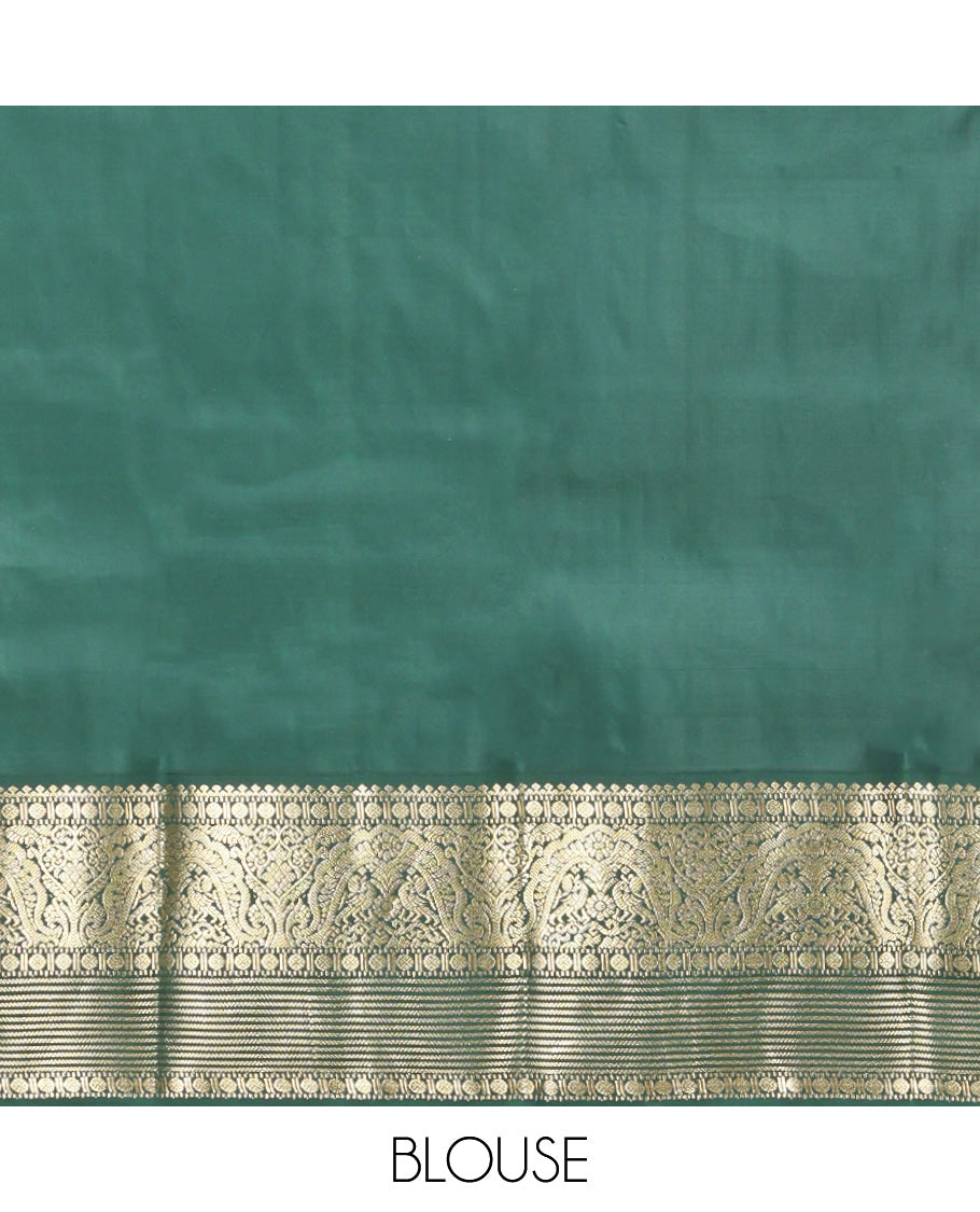 Orange Vasundhara Silk Saree Showcasing Zari Butta Enclosed Checks, Contrast Border of Muthu, Mayil, Rudraksham, and Banaras Designs, Jaal Pallu, and Contrast Blouse