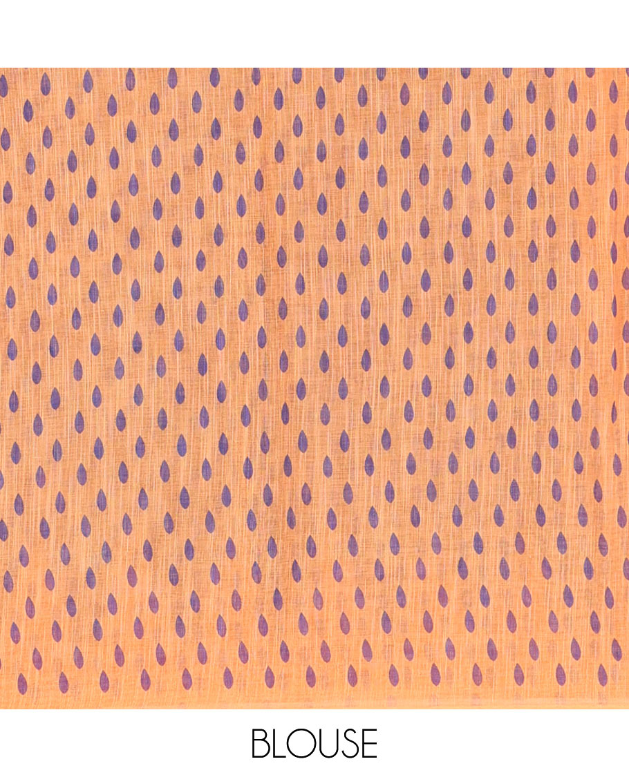 Blue thilakam buttas and mirror work khadi mul cotton saree, contrast temple border, striped and buttas pallu, and a contrast printed blouse