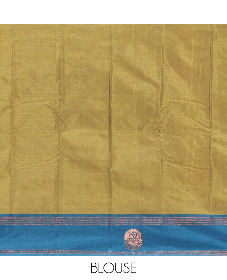 Mehendi zari buttas semi-soft silk saree, contrast peacock zari buttas and striped border, striped pallu, and a plain blouse