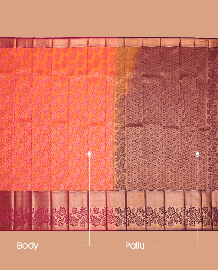 Orange Budget Silk Saree, Elegantly Elevated with Paisley Jacquard Design, Complemented by Contrast Traditional Zari Border, Grand Pallu and a Contrast Blouse