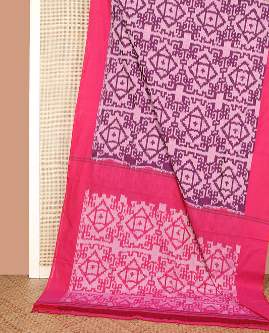 Pink-base Ikkat Cotton Saree, Decked with Ikkat-Style Geometric Patterns All Over Its Body, Complemented by a Contrast Border, Pallu of Geometric Patterns in Ikkat Weave, and No Blouse