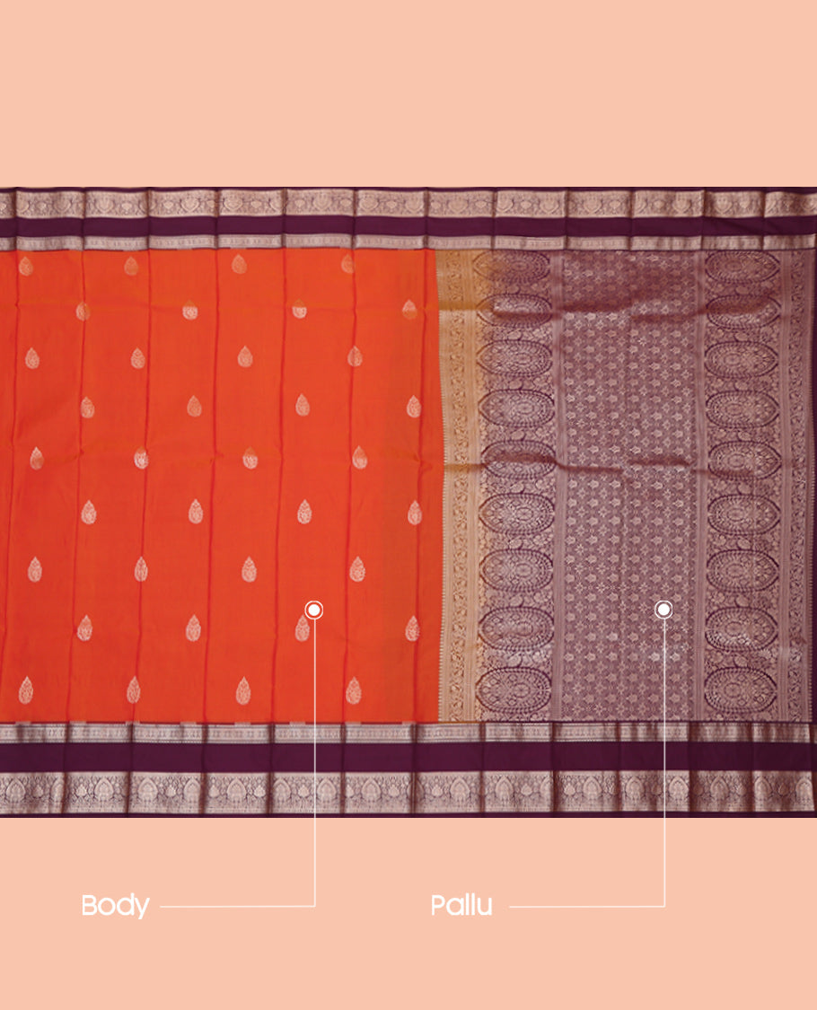 Orange Budget Silk Saree, Gleamed Up with Zari Buttas, Complemented by a Contrast Traditional Zari Rettai Pettu Border, Grand Pallu, and a Contrast Blouse