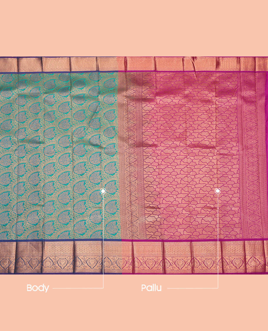 Blue Budget Silk Saree, Opulently Embellished with Jacquard, Complemented by Contrast Traditional Zari Border, Grand Pallu, and a Contrast Blouse