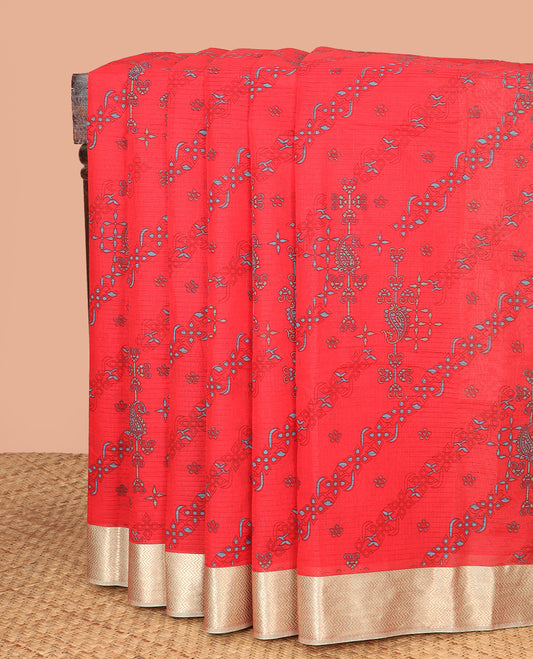 Red Chirala Cotton Saree, Intricately Printed with Paisley-Floral Motifs All Over Its Body, Complemented by a Contrast Zari Chevron Border, Pallu of Floral-Peacock Print, and Paired with a Contrast Blouse