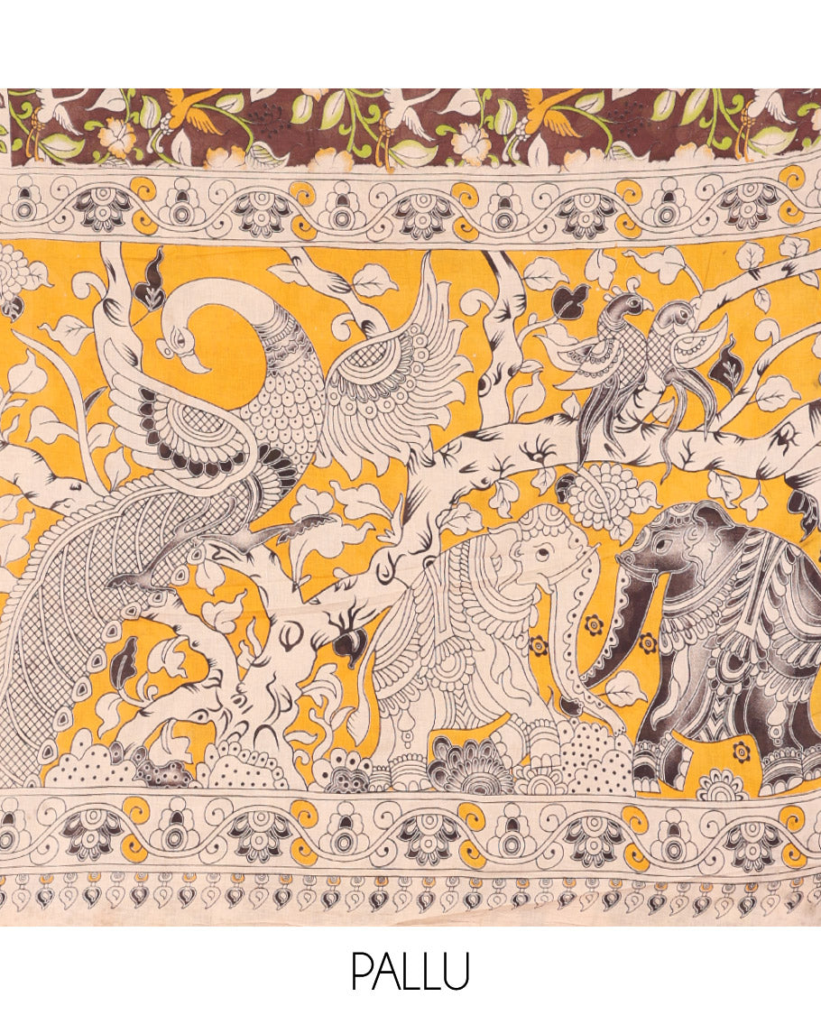 Brown Kalamkari Cotton Saree, Dazzled with Floral Vine Print, Contrast Paisley Printed Border, Contrast Pallu of Fauna Motifs, and a Contrast Blouse