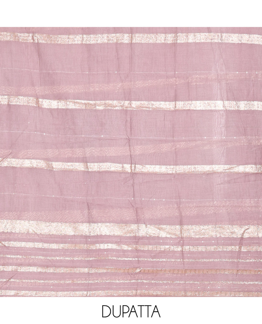 Lavender Material Churidar Set, Elevated with Zari Buttas and Crosia Lace with Mirror Work Chanderi Top, Comes with a Plain Bottom, Zari Woven Chanderi Dupatta