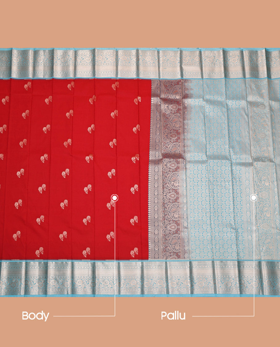 Red Budget Silk Saree, Decorated with Zari Buttas, Complemented by a Contrast Traditional Zari Border, Intricate Pallu, and a Contrast Blouse