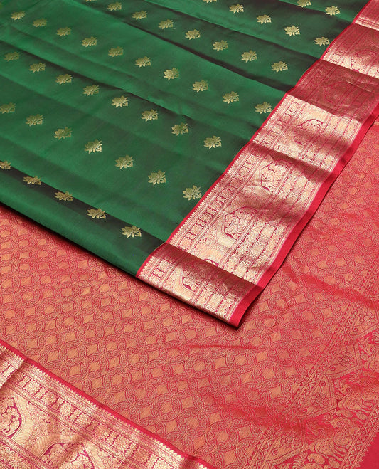 Green zari buttas vasundhara silk mix saree, contrast chakram pallu & border of rekku, diamond,jada nagam & maan designs