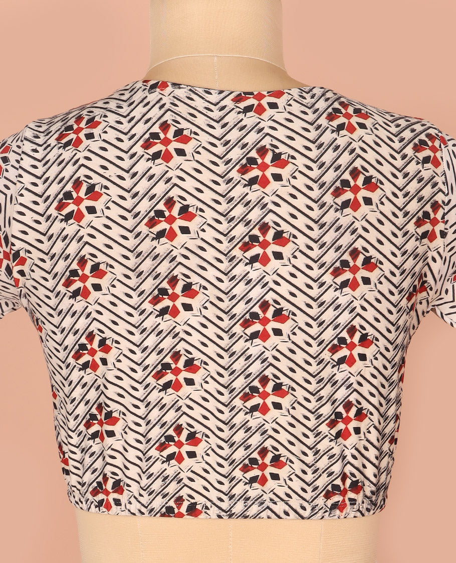 Off-White Readymade Blouse Detailed  with Geometric Patterns Print, Featuring Front Round Neck, Back Closed Neck, and Elbow Sleeves