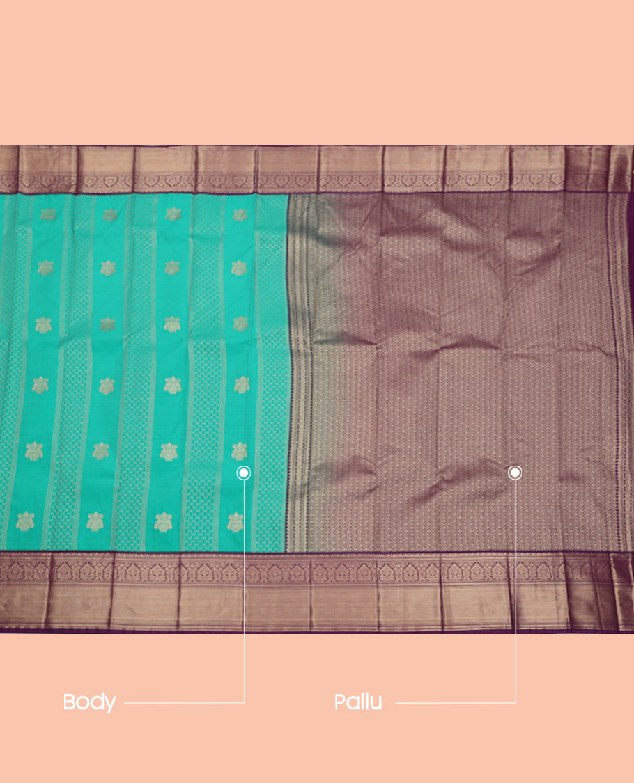 Turquoise Budget Silk Saree, Styled with Zari Designs, Complemented by a Contrast Traditional Zari Rettai Pettu Border, Grand Pallu, and Contrast Blouse