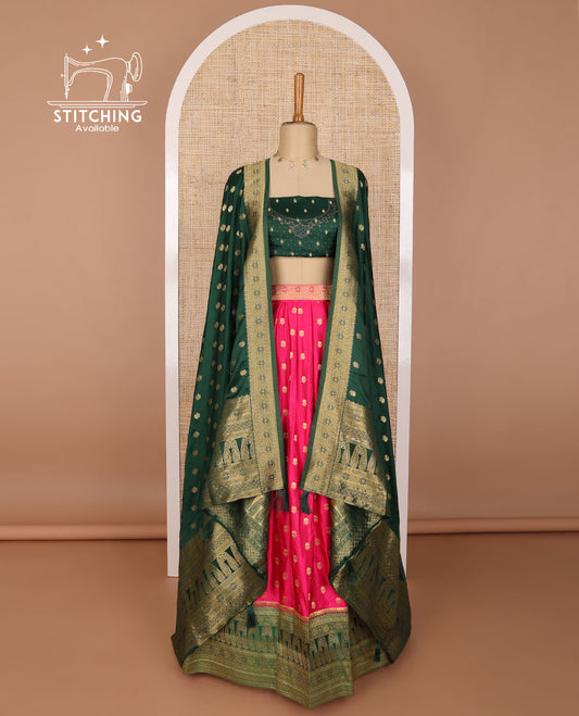 Dark pink buttas banaras half saree with contrast floral design border, zari design blouse & floral design dhavani