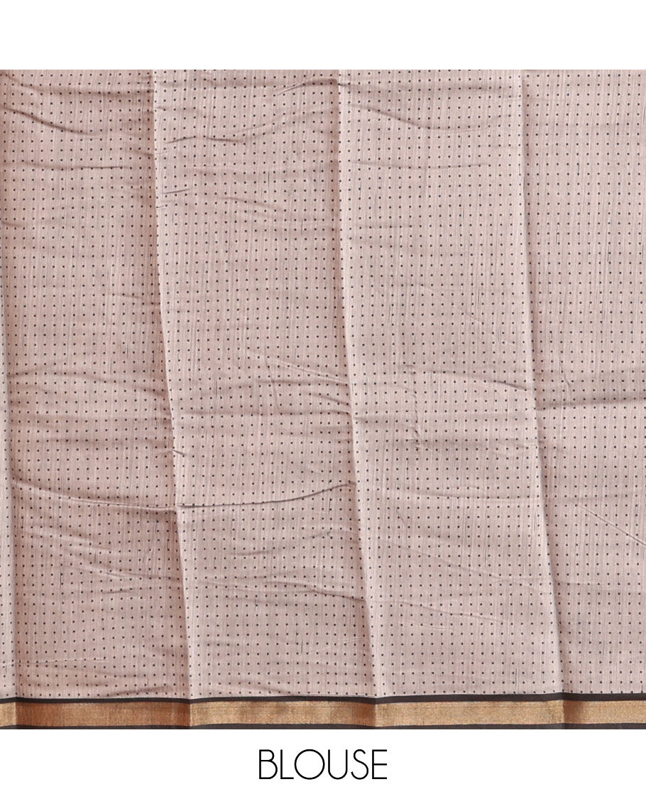 Black Kanchi Cotton Saree, Decked Up with Floral Print All Over Its Body, a Subtle Self-Border, Pallu of Block Printed Geometric Designs, and Paired with a Contrast Blouse
