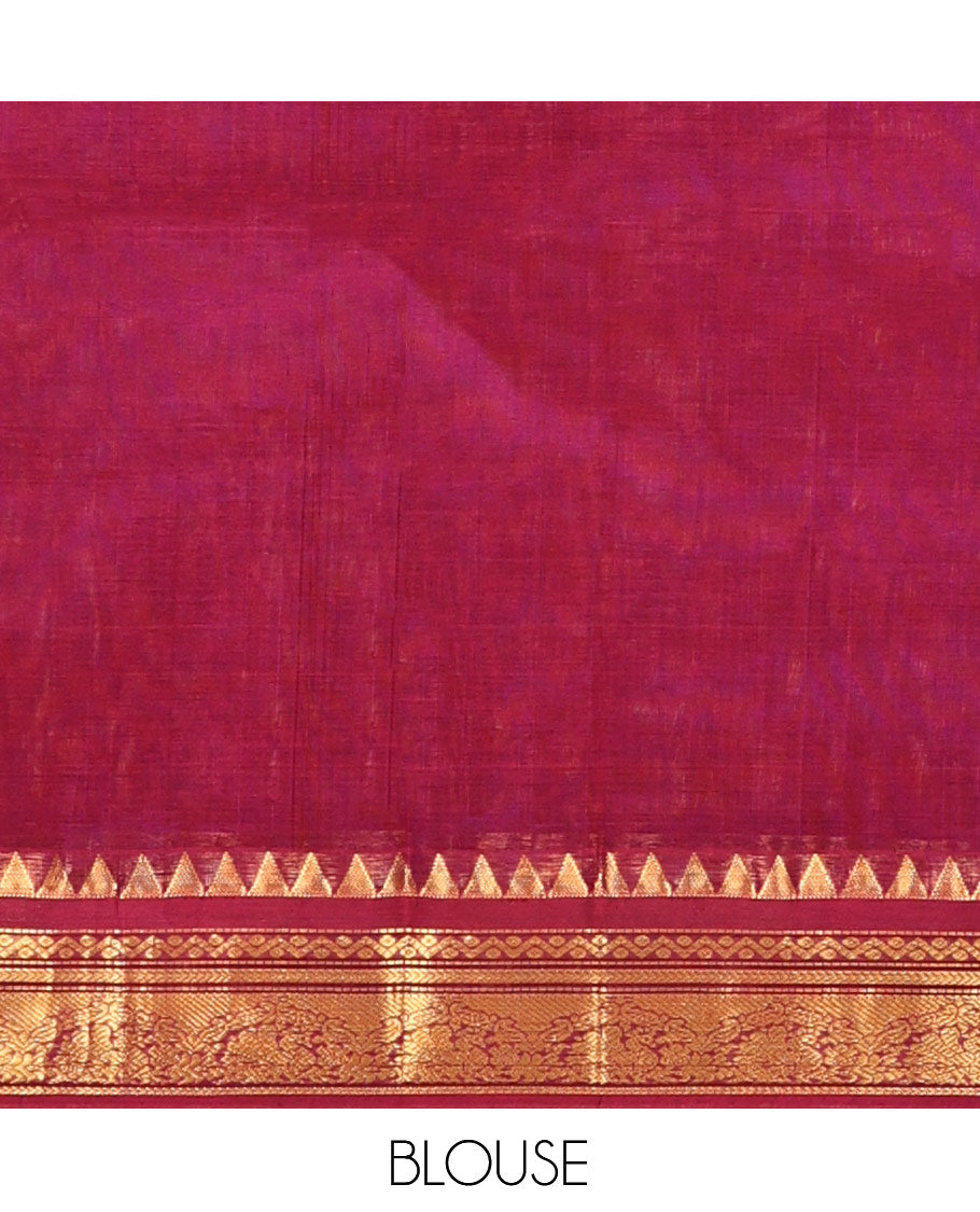 Peach Zari Checked Kuppadam Silk Saree, a Contrast Traditional Temple Border, Grand Pallu, a Contrast Blouse
