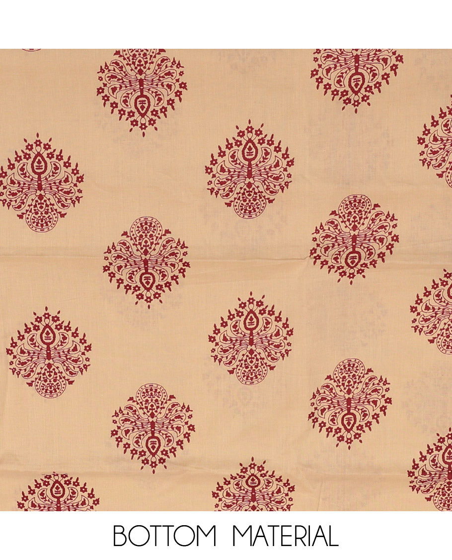 Sandal Material Churidar Set, Detailed with Unique Motif Print and Neck Work Cotton Top, Printed Bottom, and Sandal-Red Printed Chiffon Dupatta
